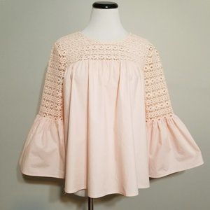 La Ven Romantic Boho Pink Crochet Lace Tunic Top S Womens Bell Sleeves Babydoll